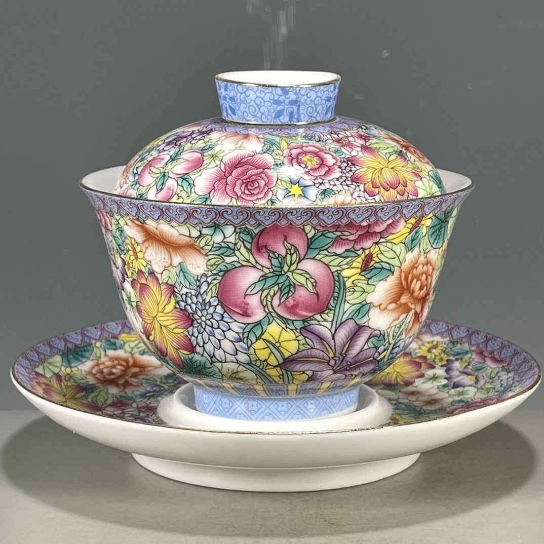 Vintage Collectible Pottery - Chinesischer Vintage Altbackofen-Falangcai 3-teiliger Gaiwan, handbemalte